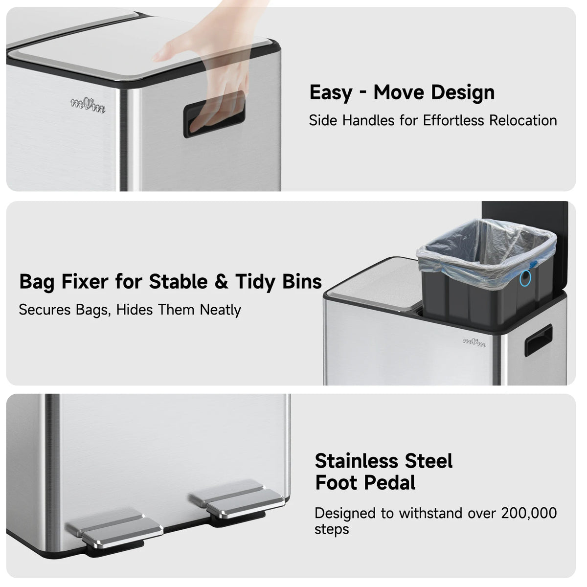 Mvm 60L Dual Lid Stainless Steel Trash Can