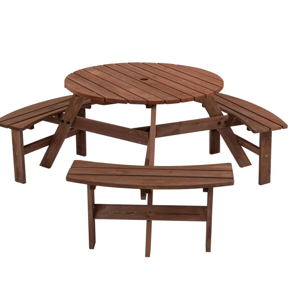 Round Outdoor Solid Wood Picnic Table With Benches