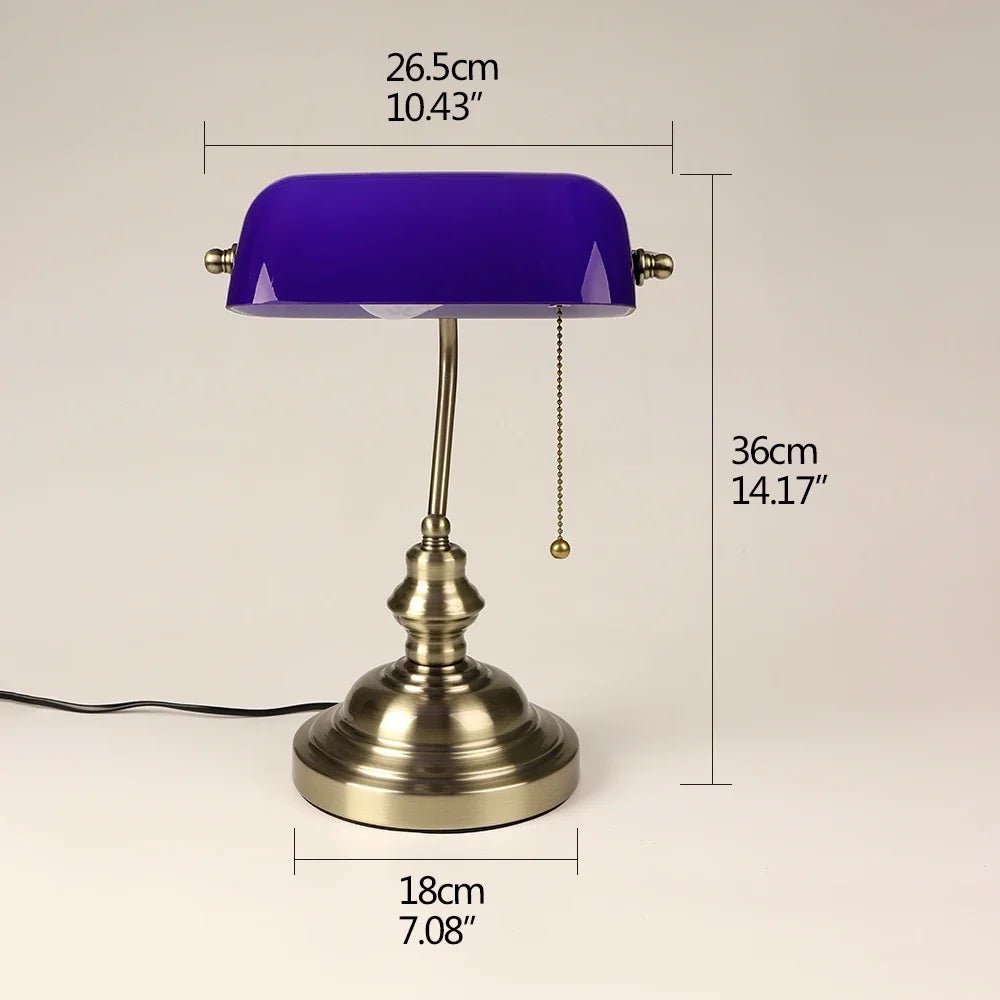 Classic Glass Iron Banker Desk Lamp With Zipper Switch