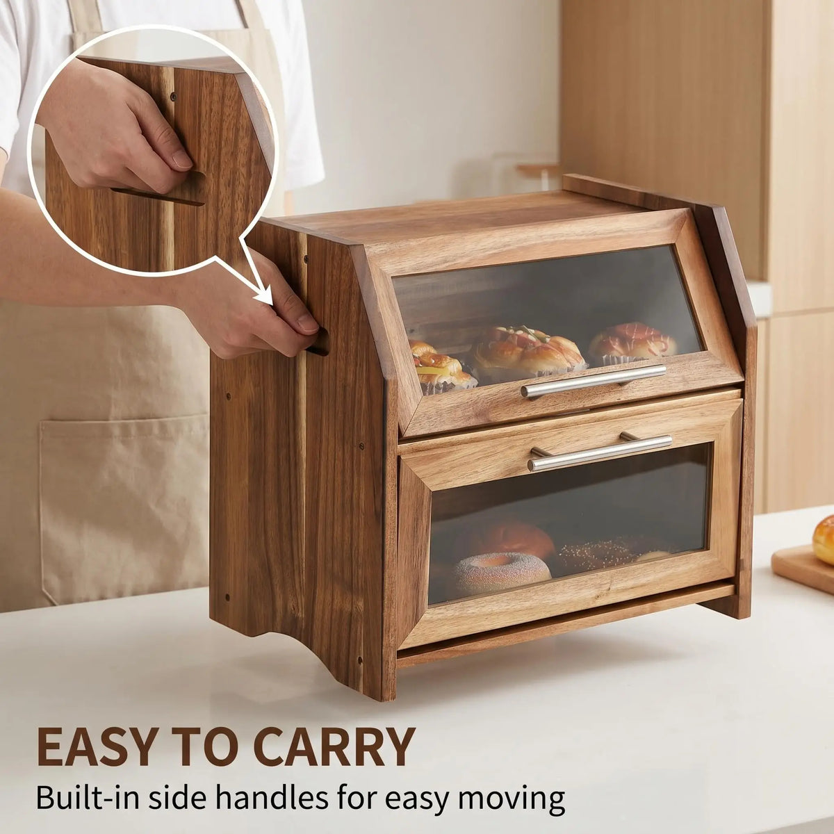 HiMISS Acacia Wood Double Layer Bread Box