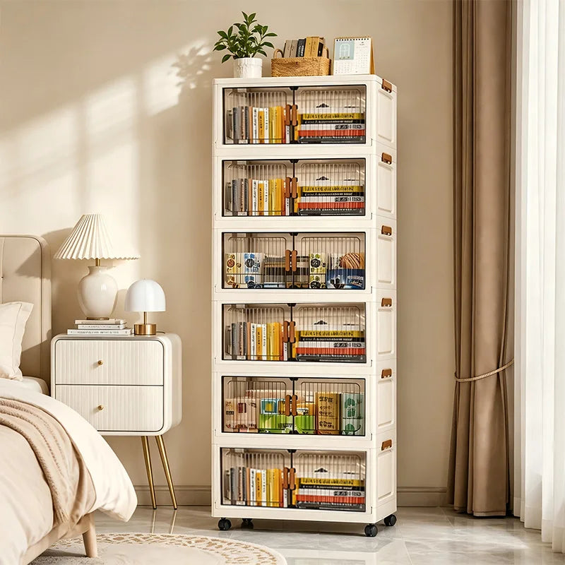 Foldable Storage Cabinet With Wheels And Magnetic Doors