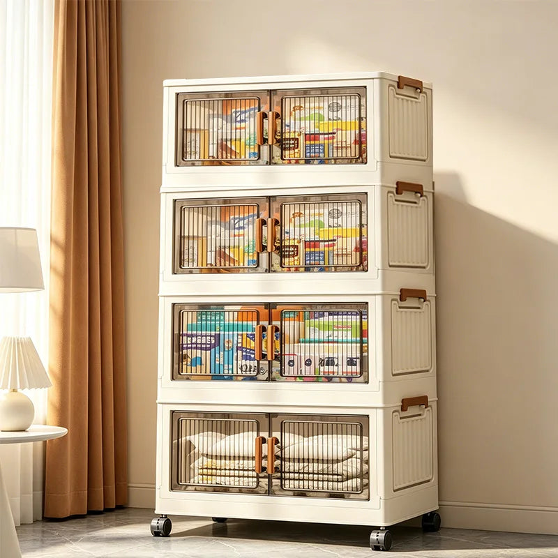 Foldable Storage Cabinet With Wheels And Magnetic Doors