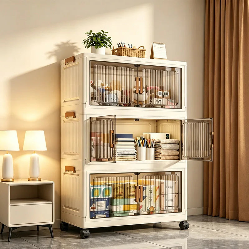 Foldable Storage Cabinet With Wheels And Magnetic Doors