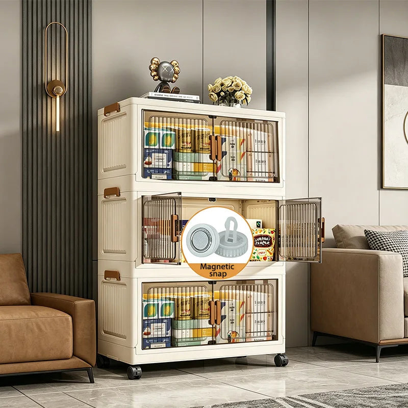 Foldable Storage Cabinet With Wheels And Magnetic Doors