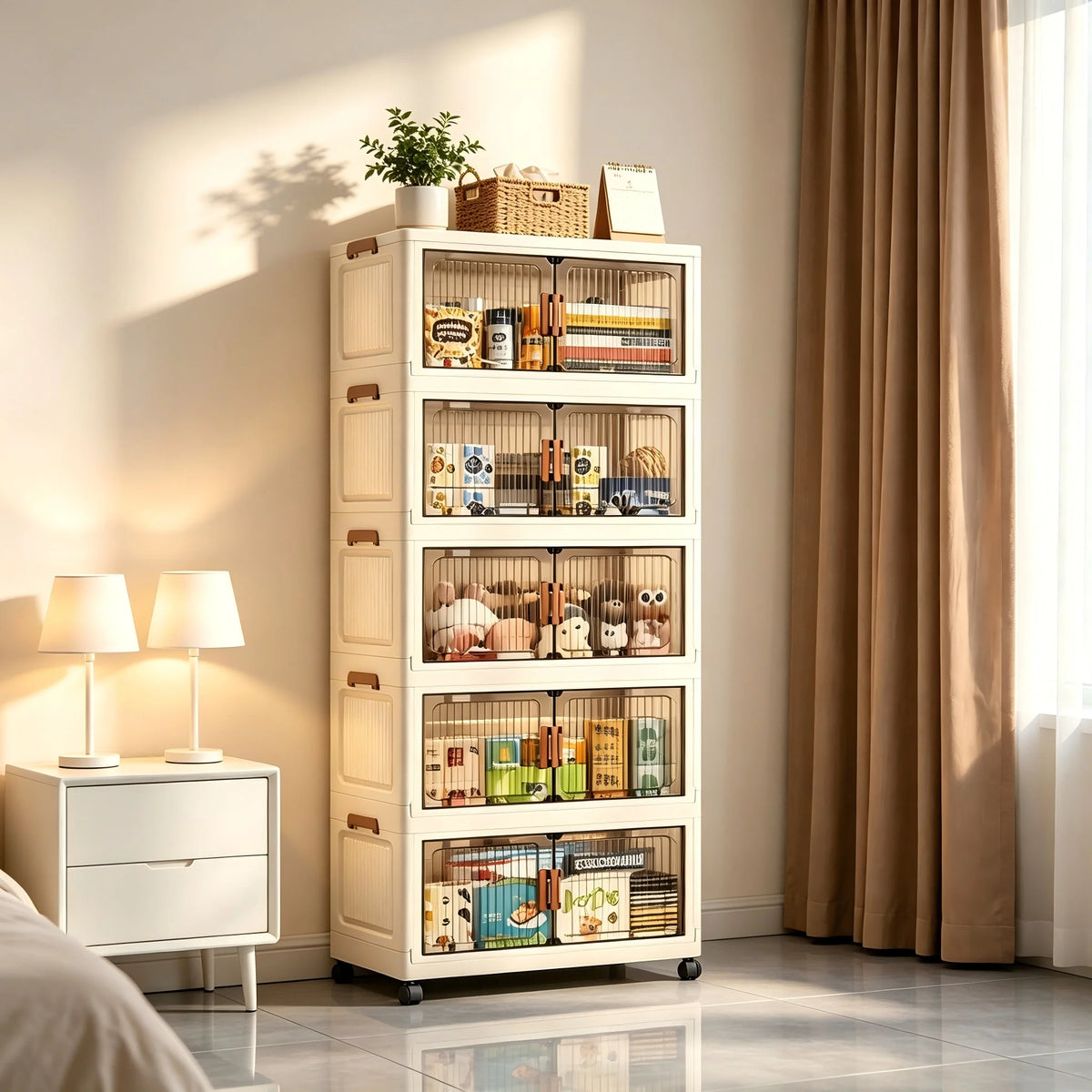 Foldable Storage Cabinet With Wheels And Magnetic Doors