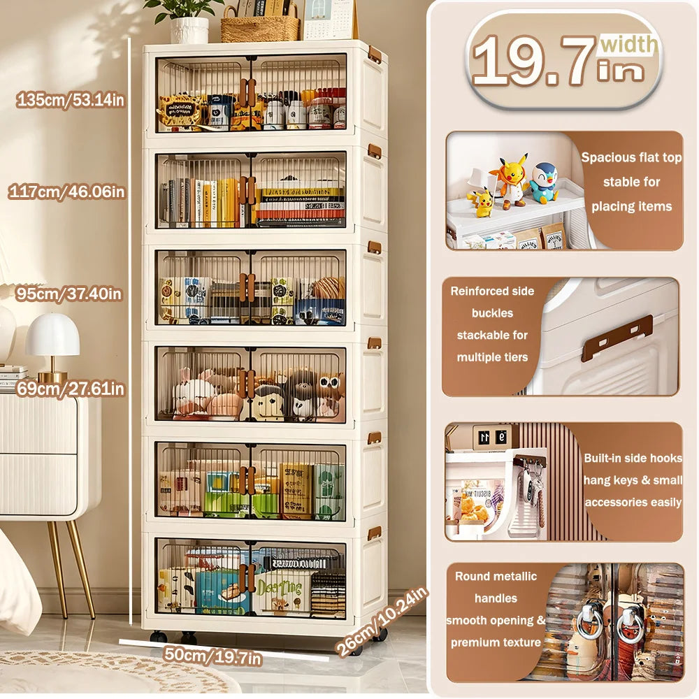Foldable Storage Cabinet With Wheels And Magnetic Doors