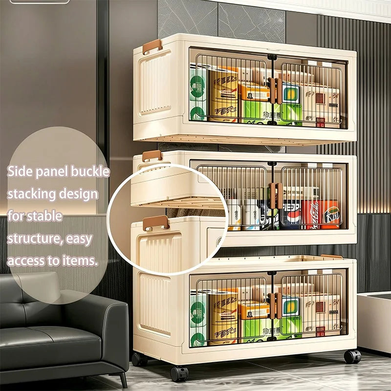 Foldable Storage Cabinet With Wheels And Magnetic Doors