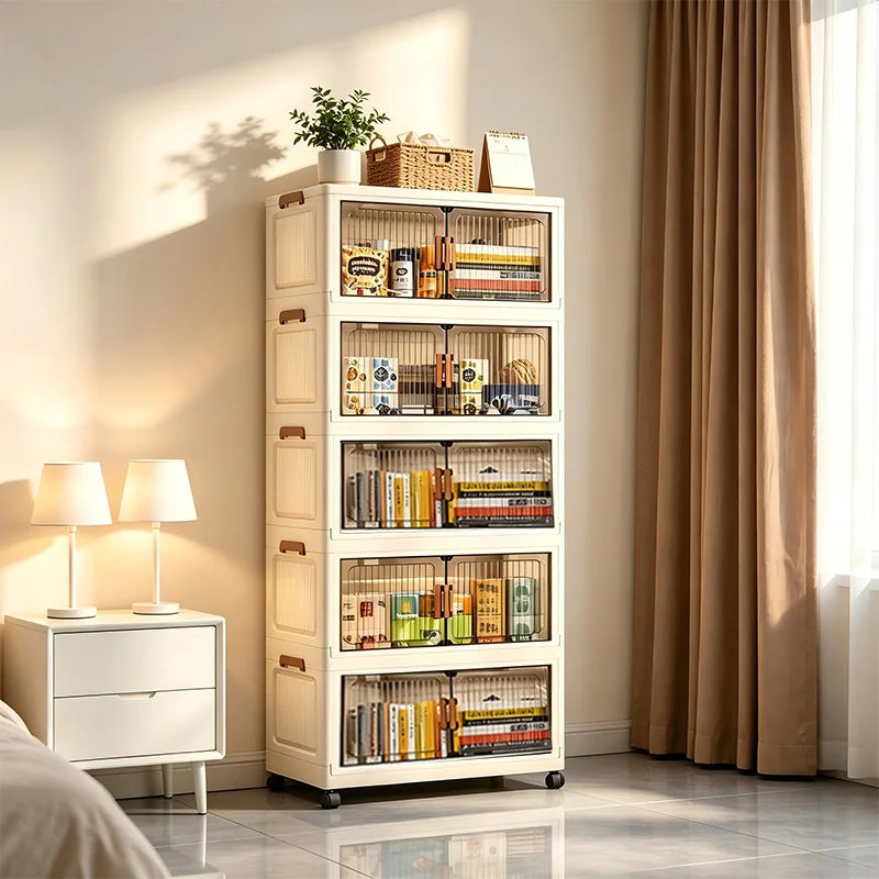Foldable Storage Cabinet With Wheels And Magnetic Doors