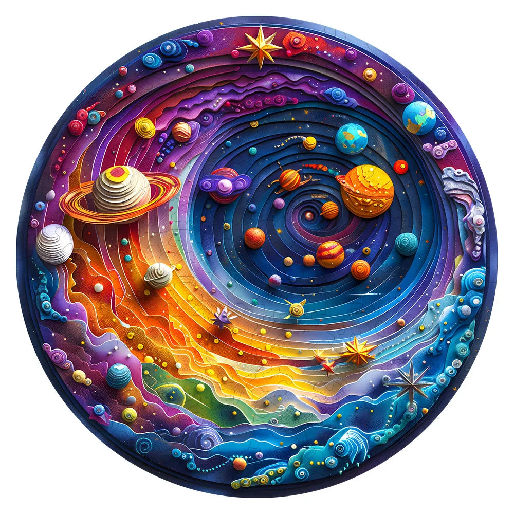 Round Wooden Galaxy Jigsaw Puzzle With Whimsical Animals