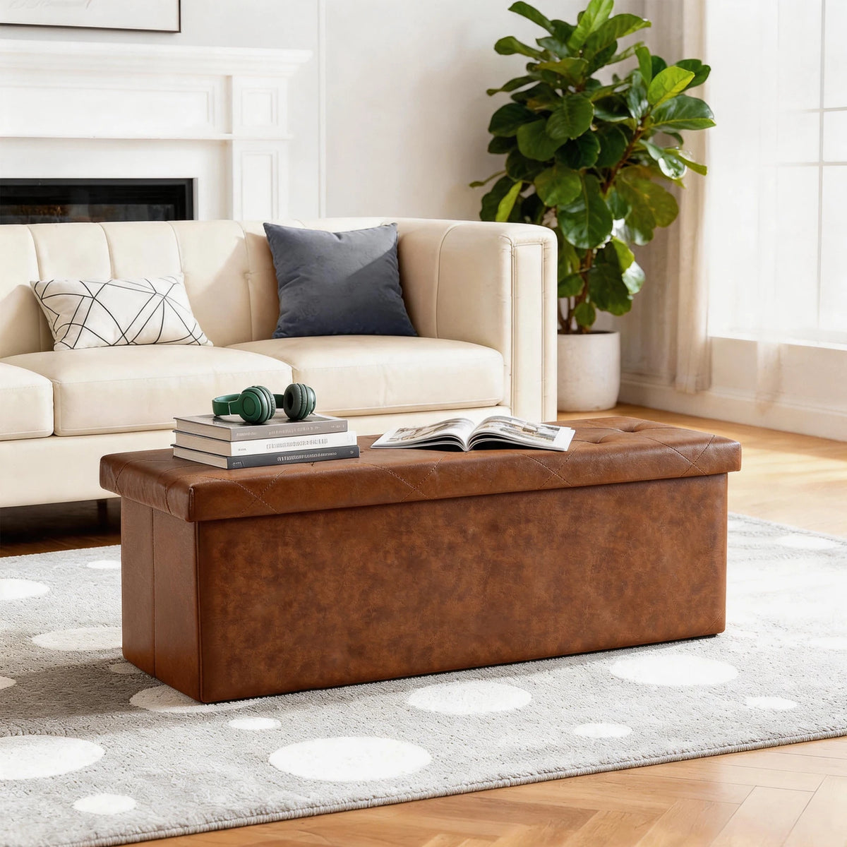 Tufted Faux Leather Folding Storage Bench 400 Pound Capacity