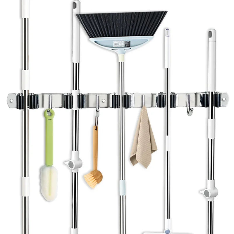 Stainless Steel 4 Hook Wall Mount Broom Mop Organizer Rack