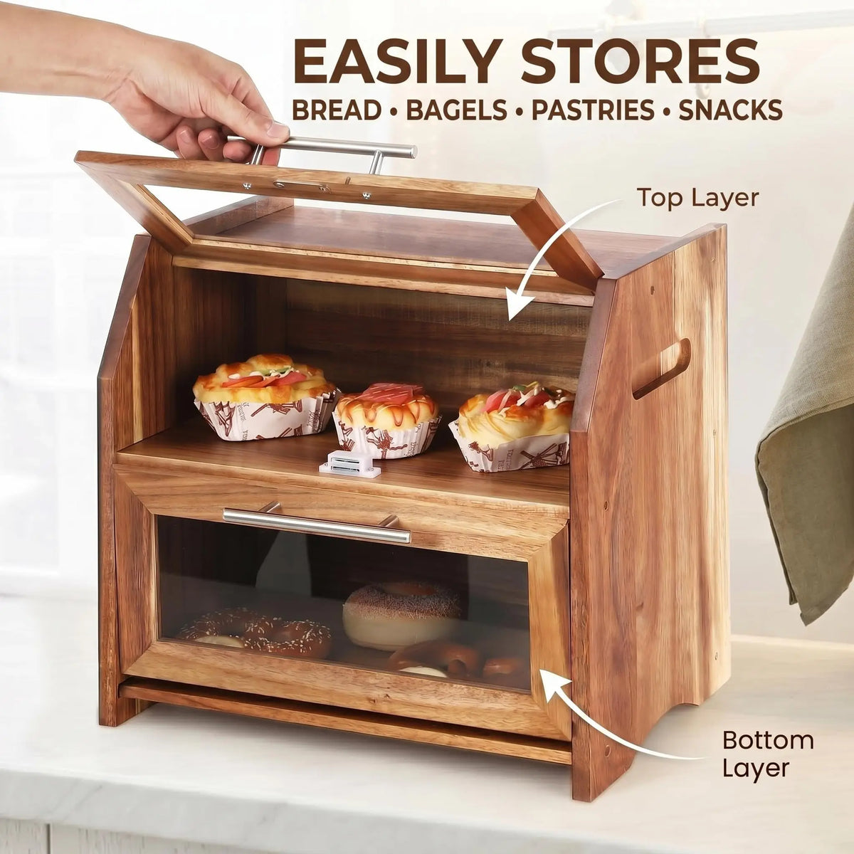 HiMISS Acacia Wood Double Layer Bread Box