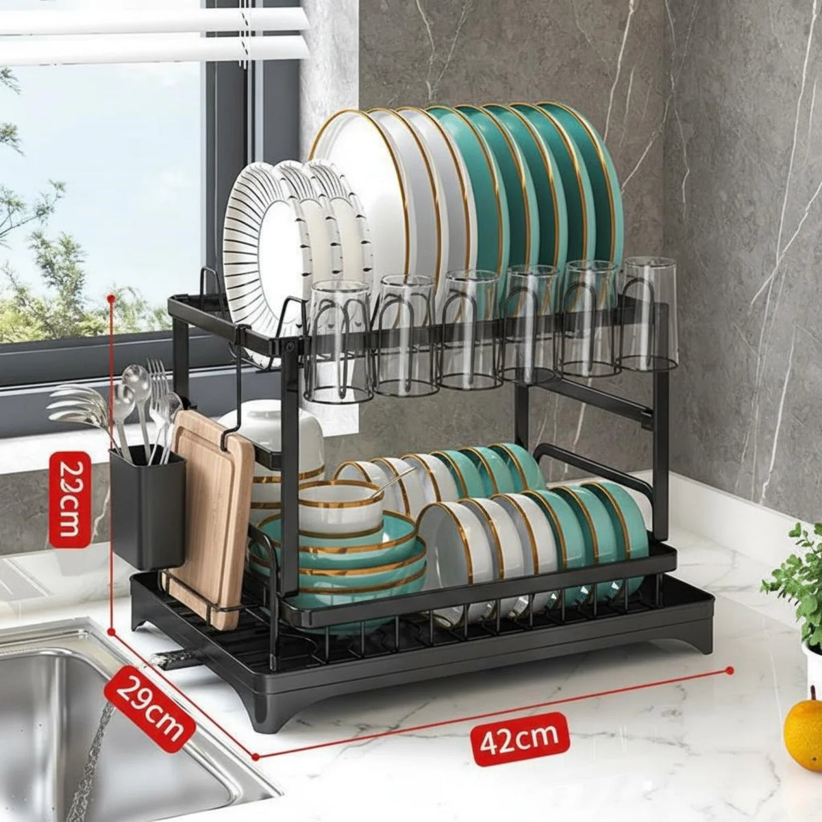 HiMISS Double Layer Steel Dish Drying Rack With Tray