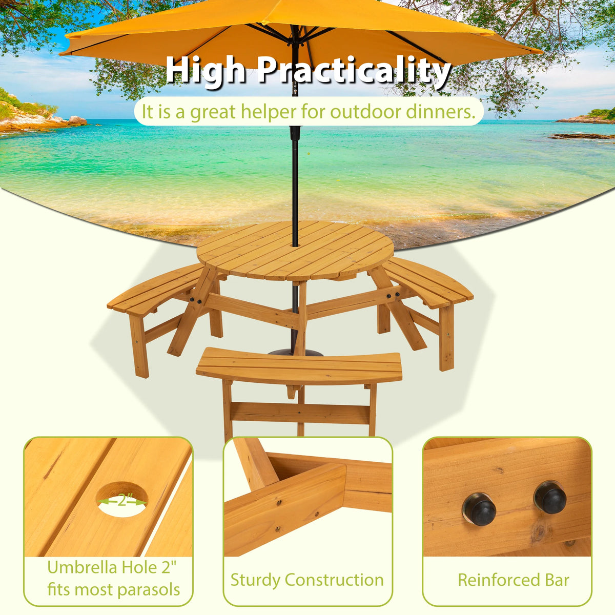 Round Outdoor Solid Wood Picnic Table With Benches