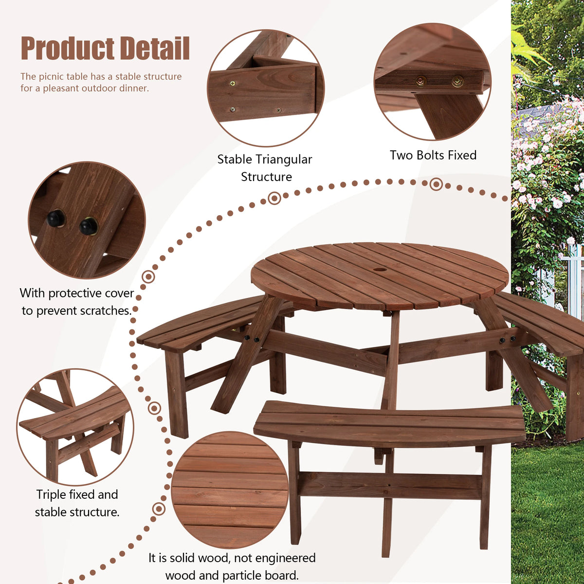 Round Outdoor Solid Wood Picnic Table With Benches
