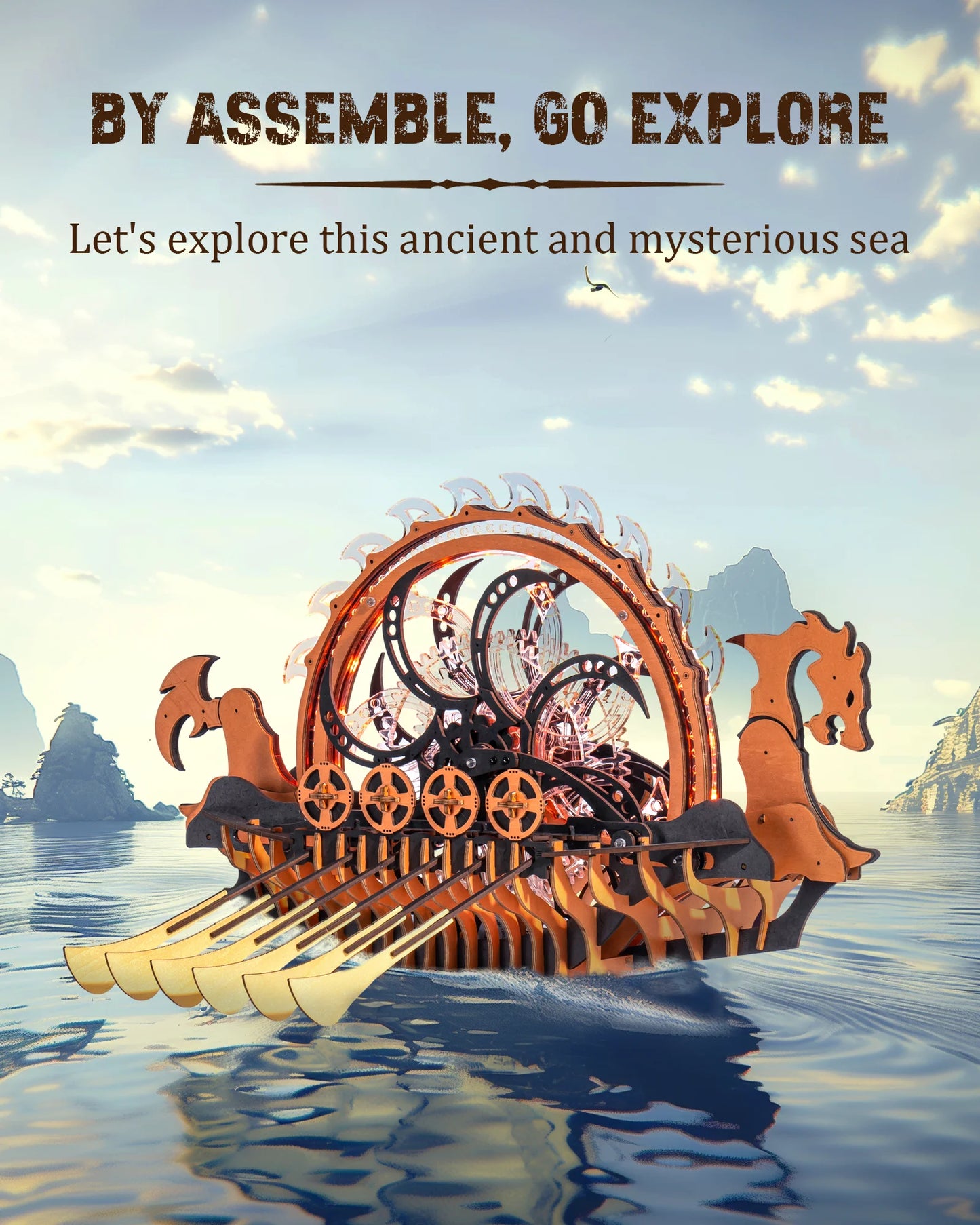 ROKR Viking Dragon Ship Wood 3D Puzzle Kit with LED
