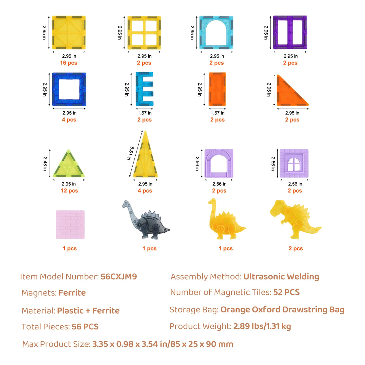 SucceBuy 56pcs Magnetic Tiles With Dinosaurs