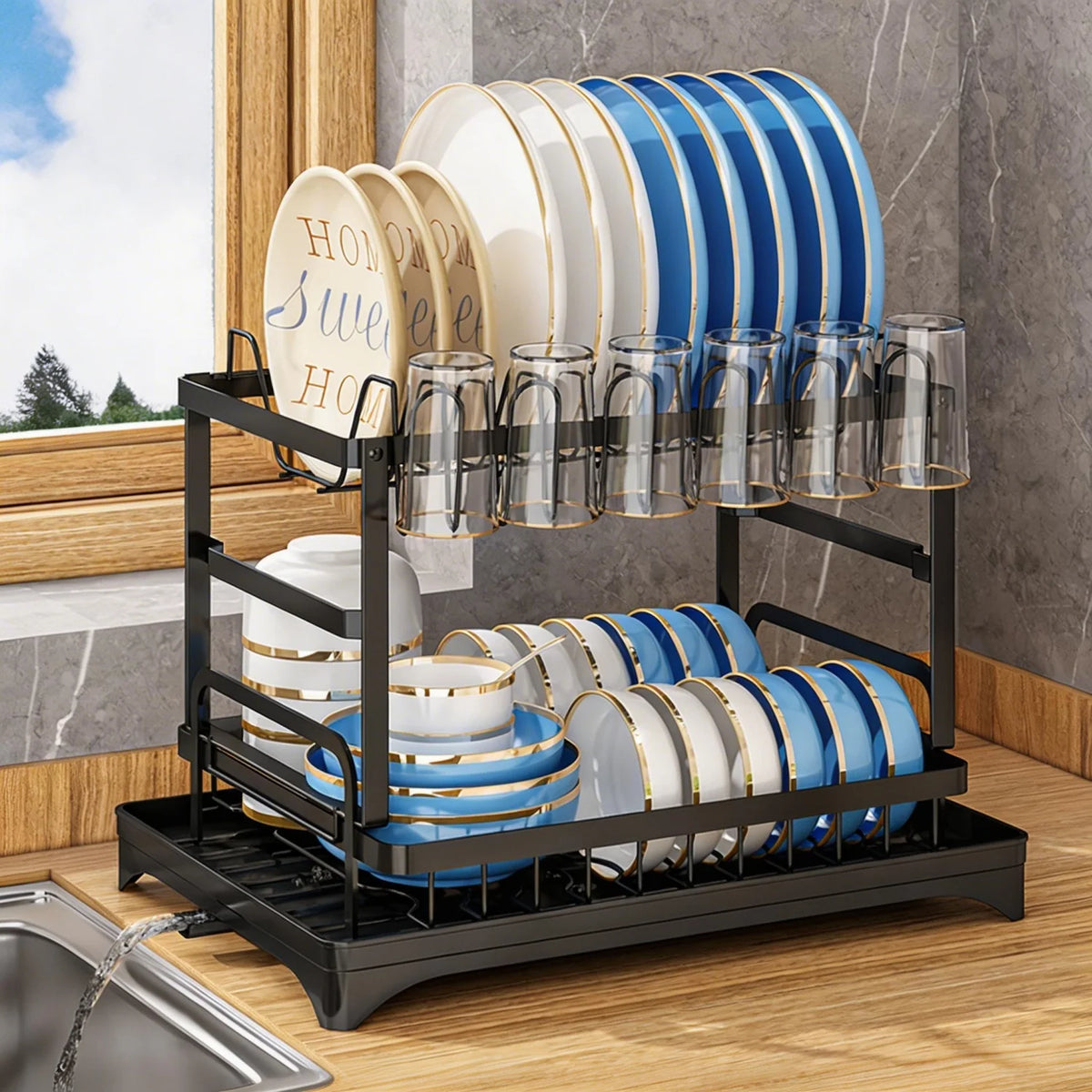 HiMISS Double Layer Steel Dish Drying Rack With Tray