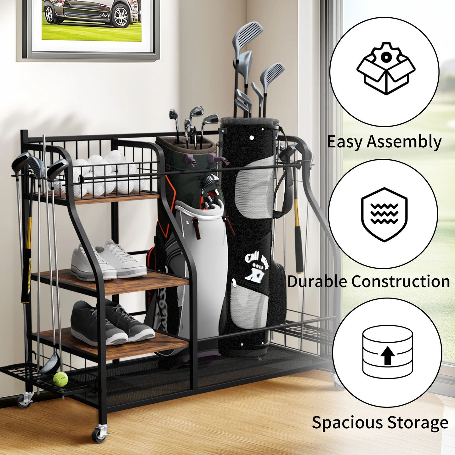 Three Tier Metal Rolling Golf Bag Organizer Rack