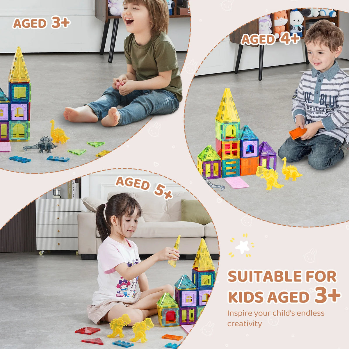 SucceBuy 56pcs Magnetic Tiles With Dinosaurs