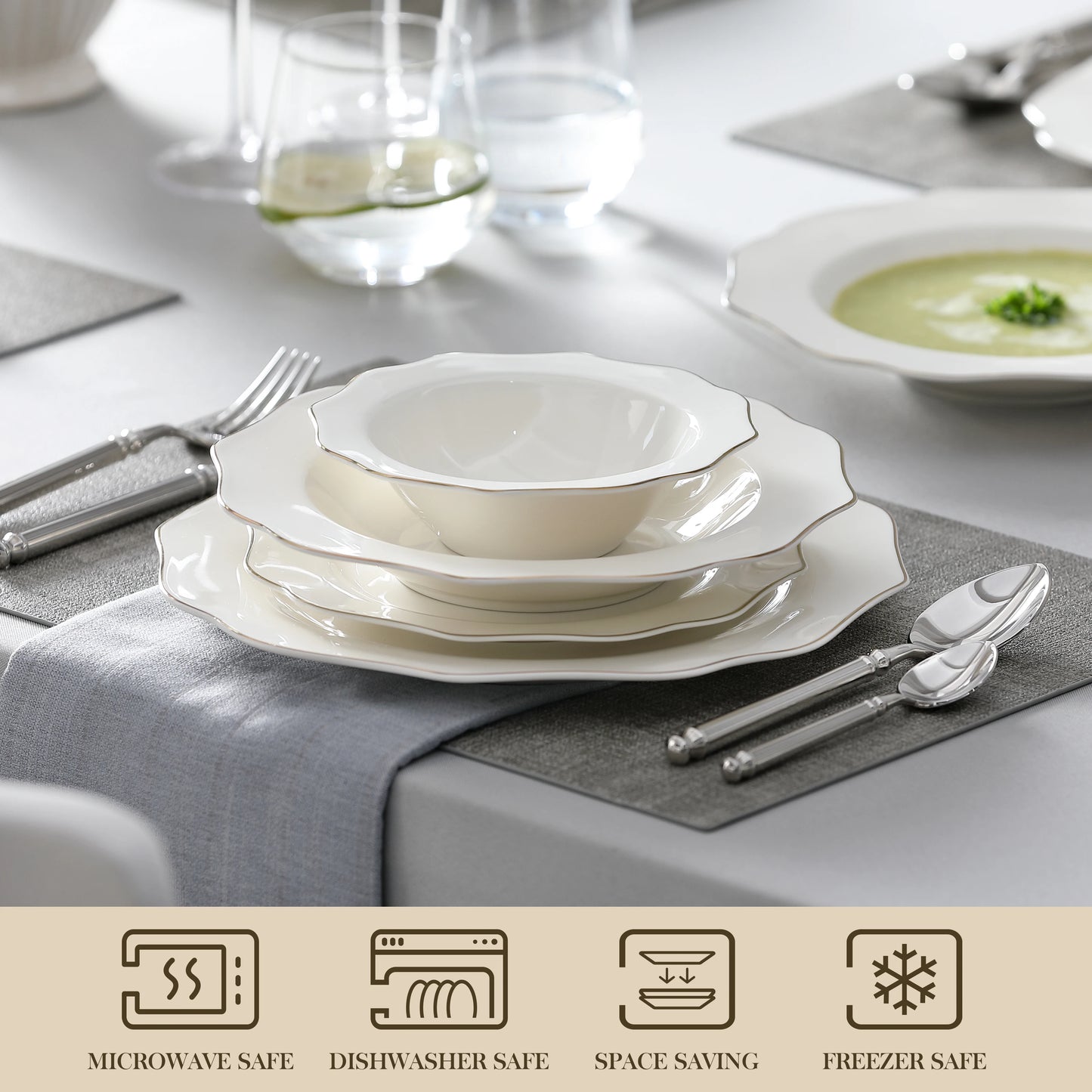 Malacasa Nordic White Gold Rim Porcelain Dinnerware Set