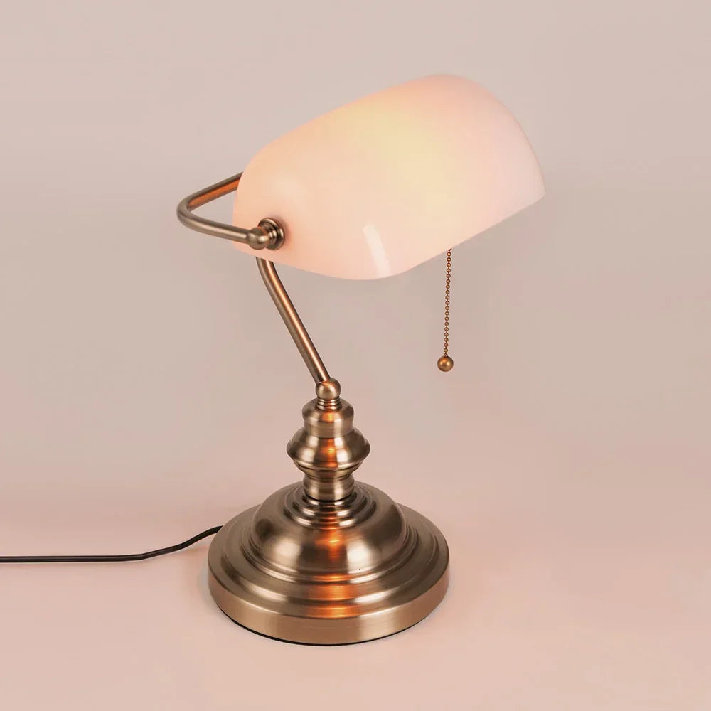 Classic Glass Iron Banker Desk Lamp With Zipper Switch