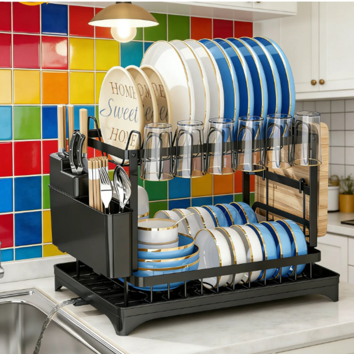 HiMISS Double Layer Steel Dish Drying Rack With Tray