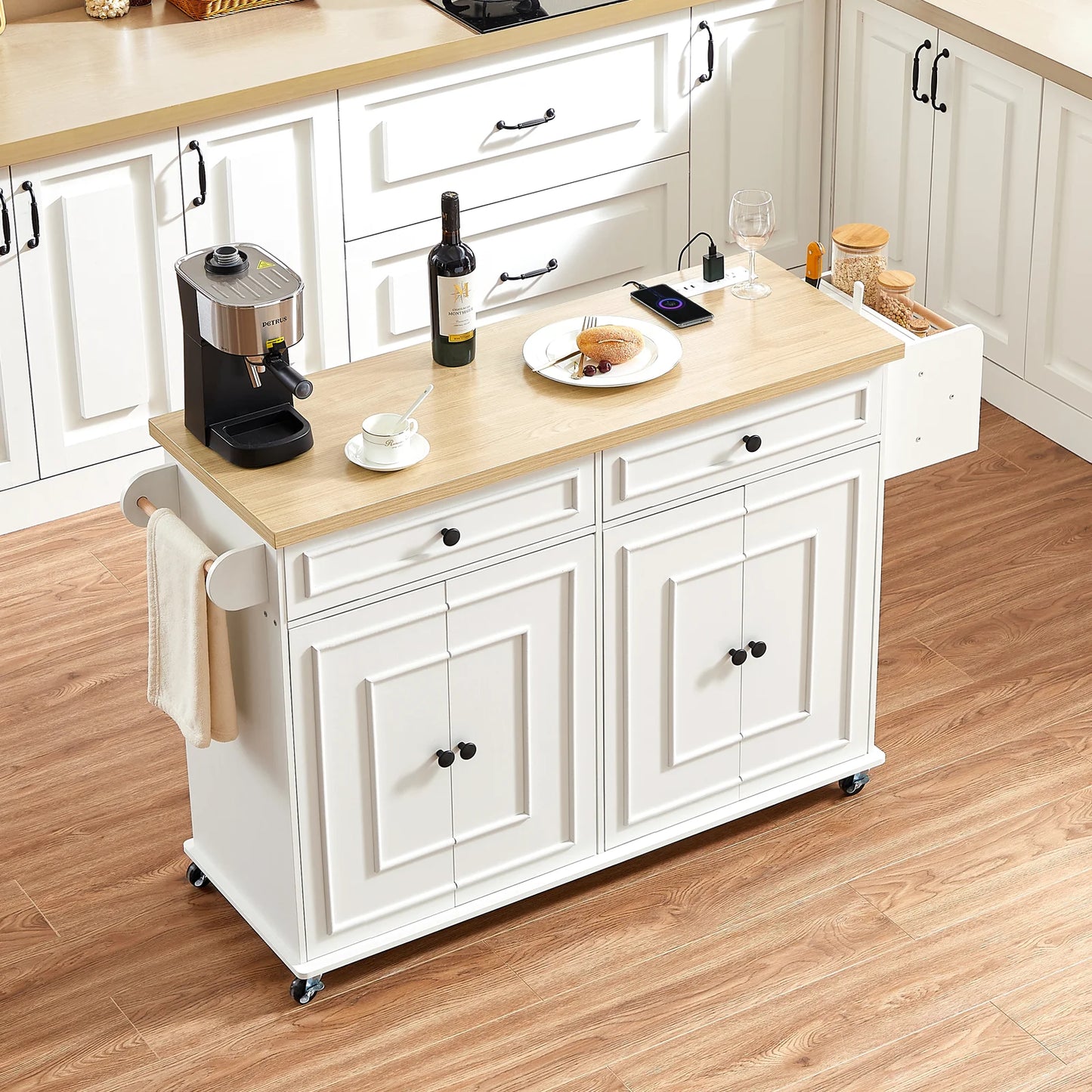Wooden Rolling Kitchen Island With Drop Leaf Storage