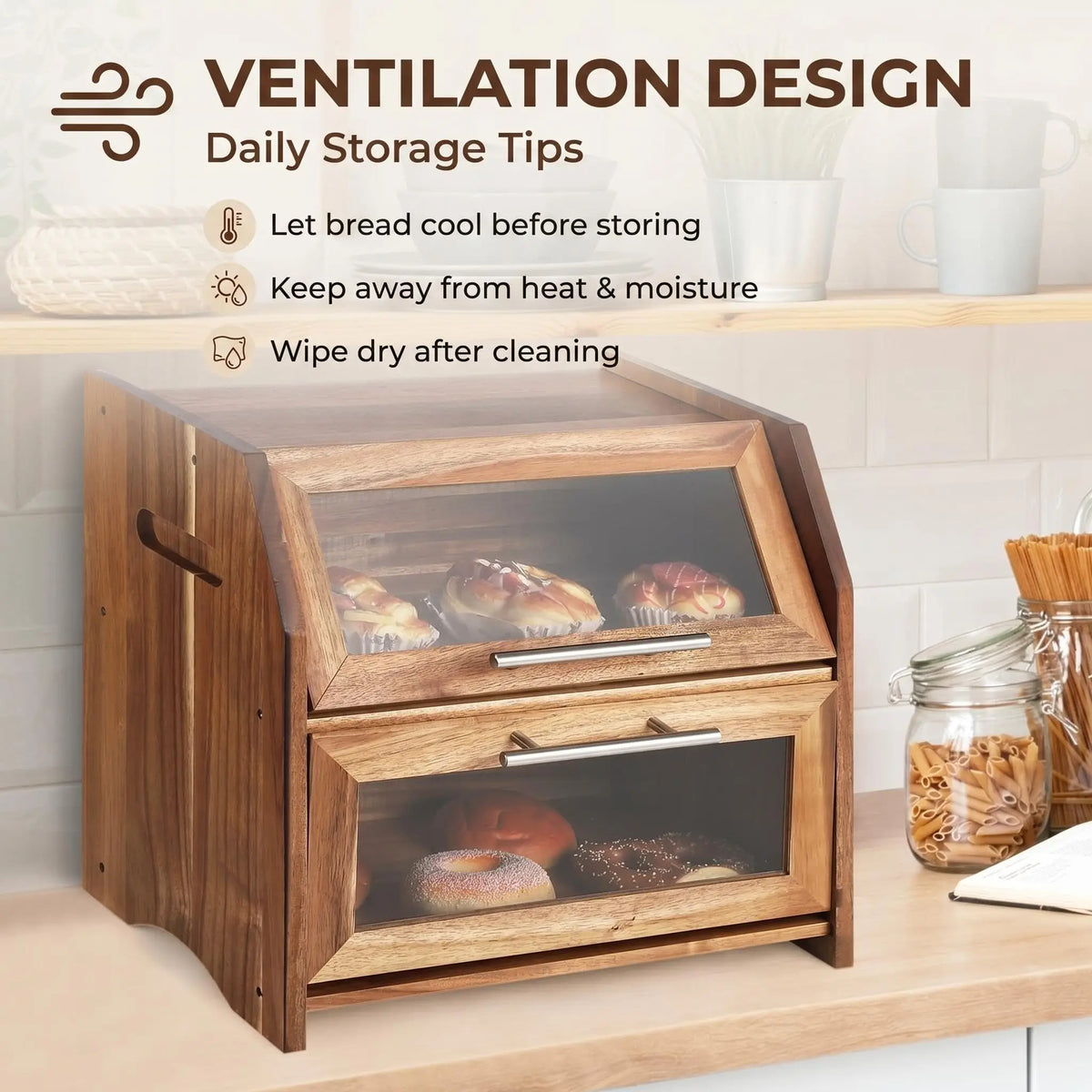 HiMISS Acacia Wood Double Layer Bread Box