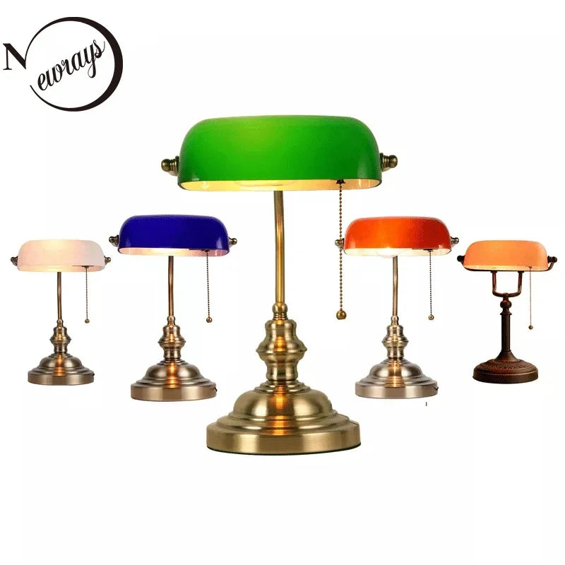 Classic Glass Iron Banker Desk Lamp With Zipper Switch