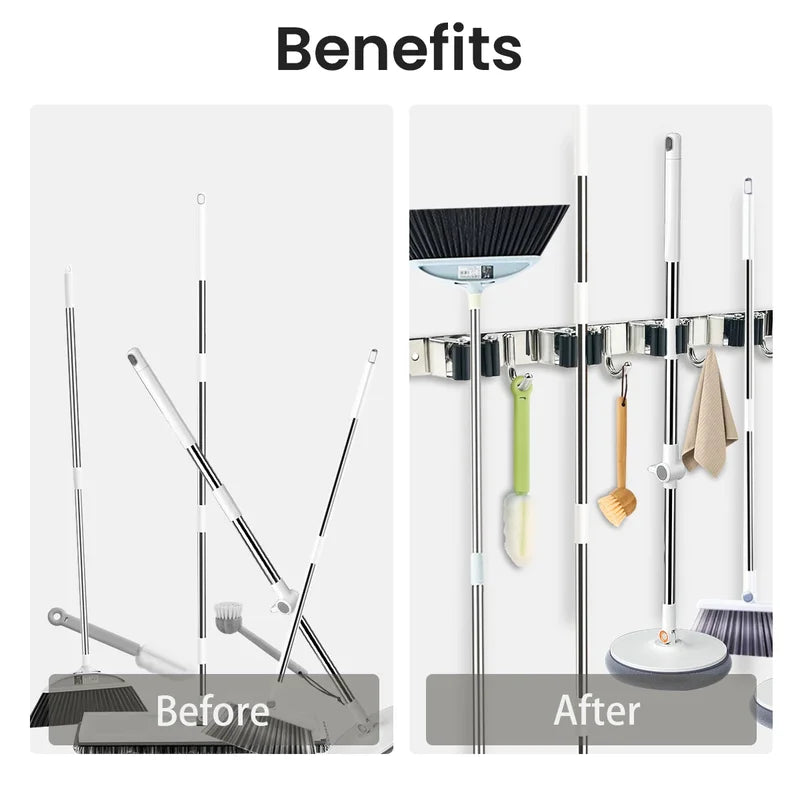 Stainless Steel 4 Hook Wall Mount Broom Mop Organizer Rack