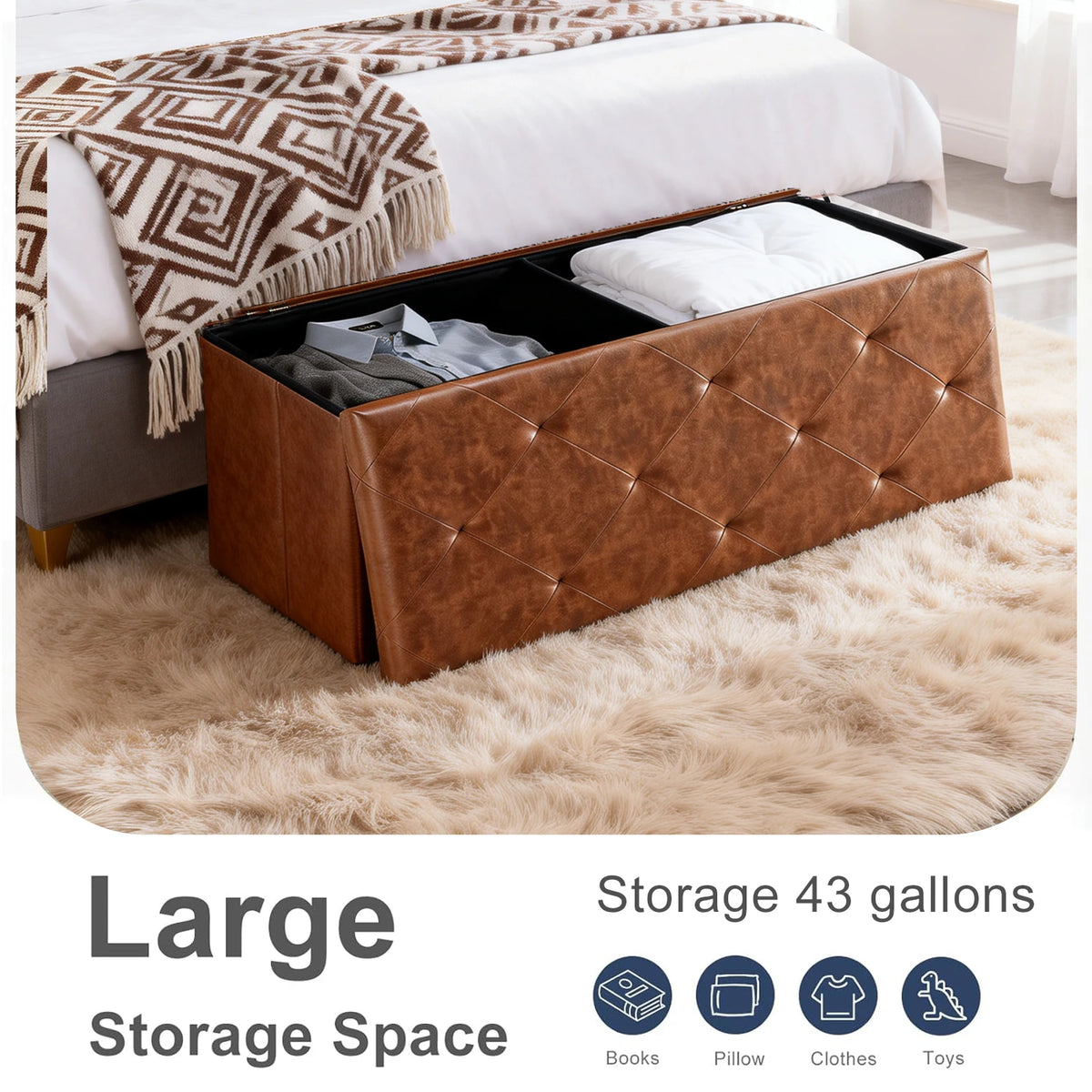 Tufted Faux Leather Folding Storage Bench 400 Pound Capacity