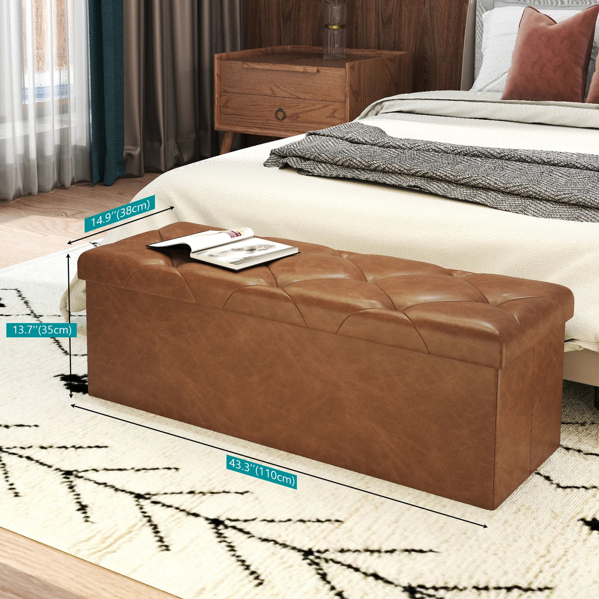 Tufted Faux Leather Folding Storage Bench 400 Pound Capacity