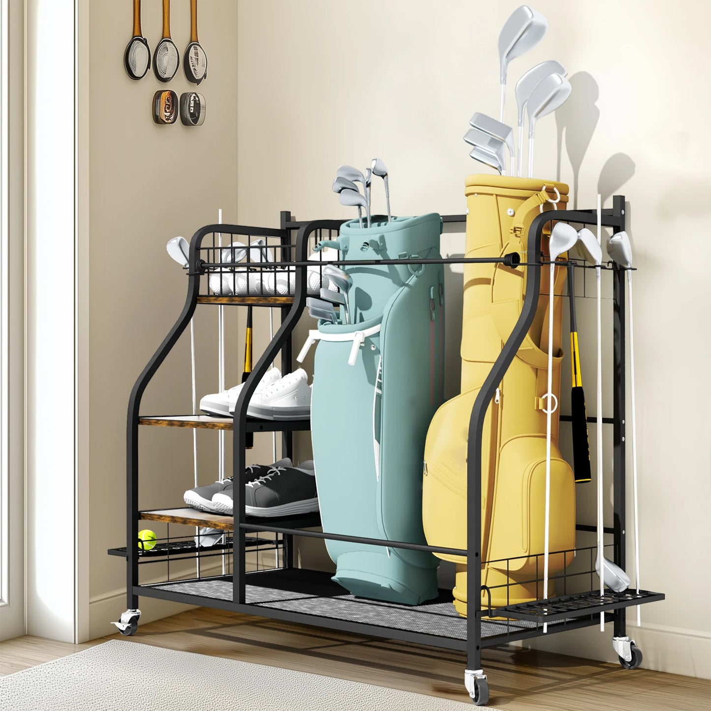 Three Tier Metal Rolling Golf Bag Organizer Rack