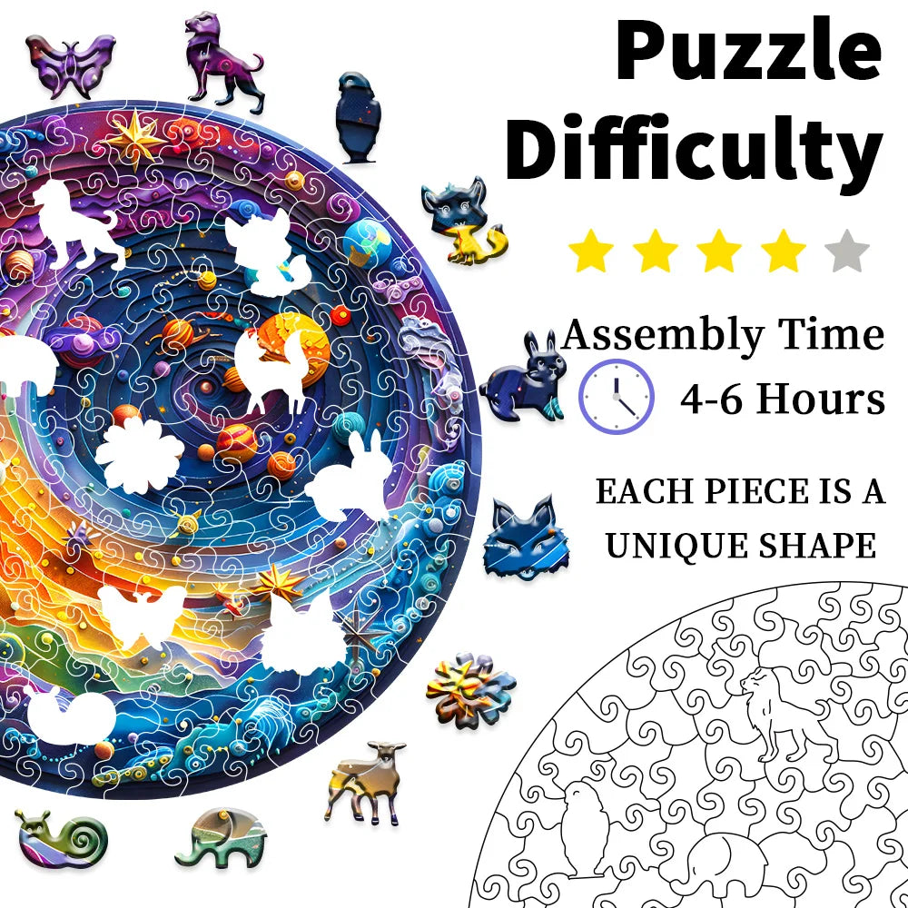 Round Wooden Galaxy Jigsaw Puzzle With Whimsical Animals
