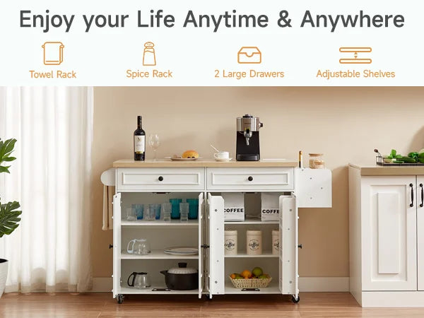Wooden Rolling Kitchen Island With Drop Leaf Storage