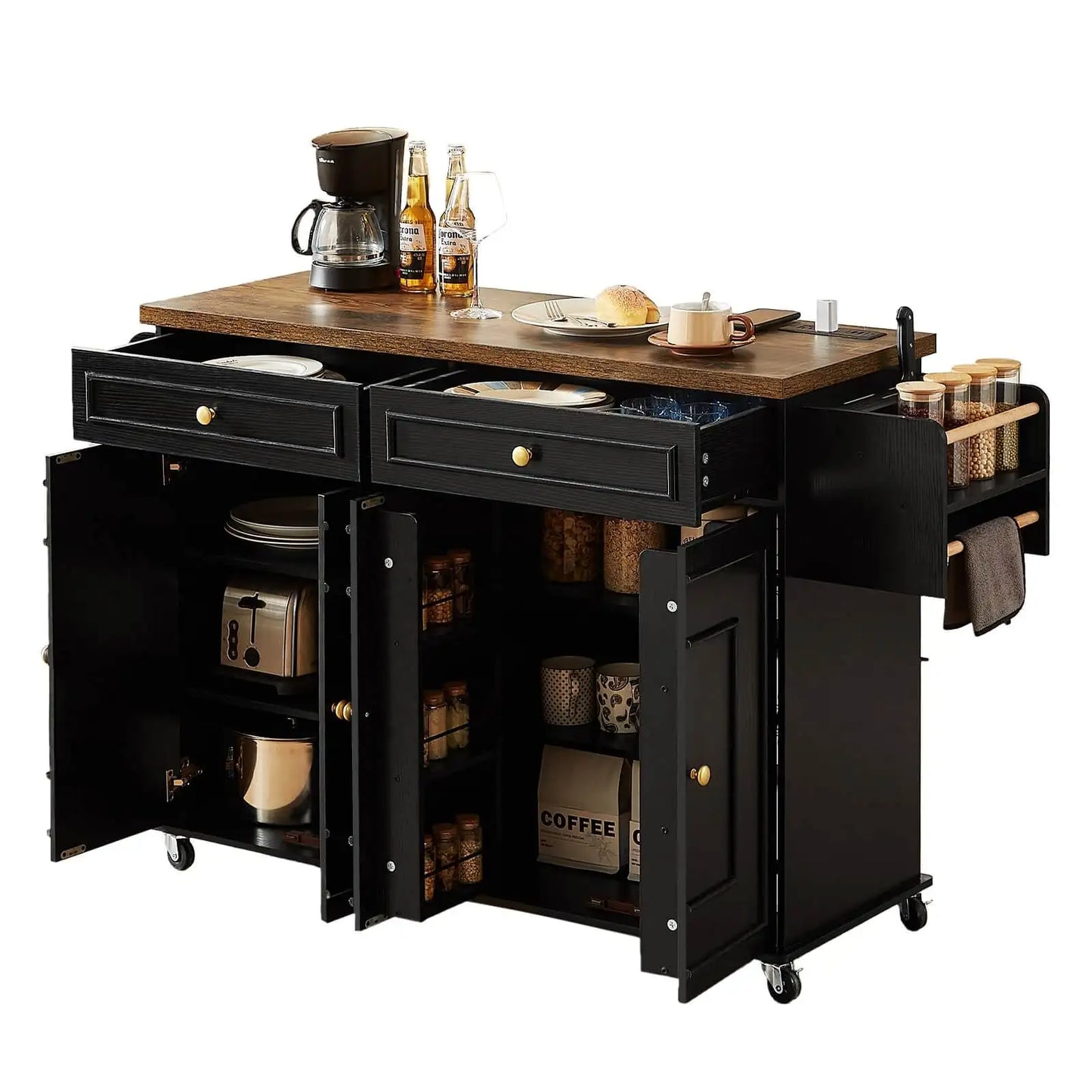 Wooden Rolling Kitchen Island With Drop Leaf Storage
