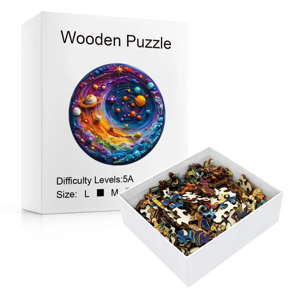 Round Wooden Galaxy Jigsaw Puzzle With Whimsical Animals