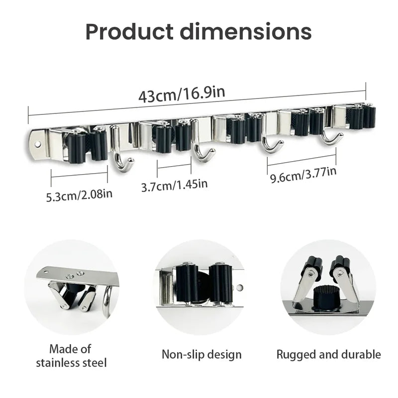 Stainless Steel 4 Hook Wall Mount Broom Mop Organizer Rack