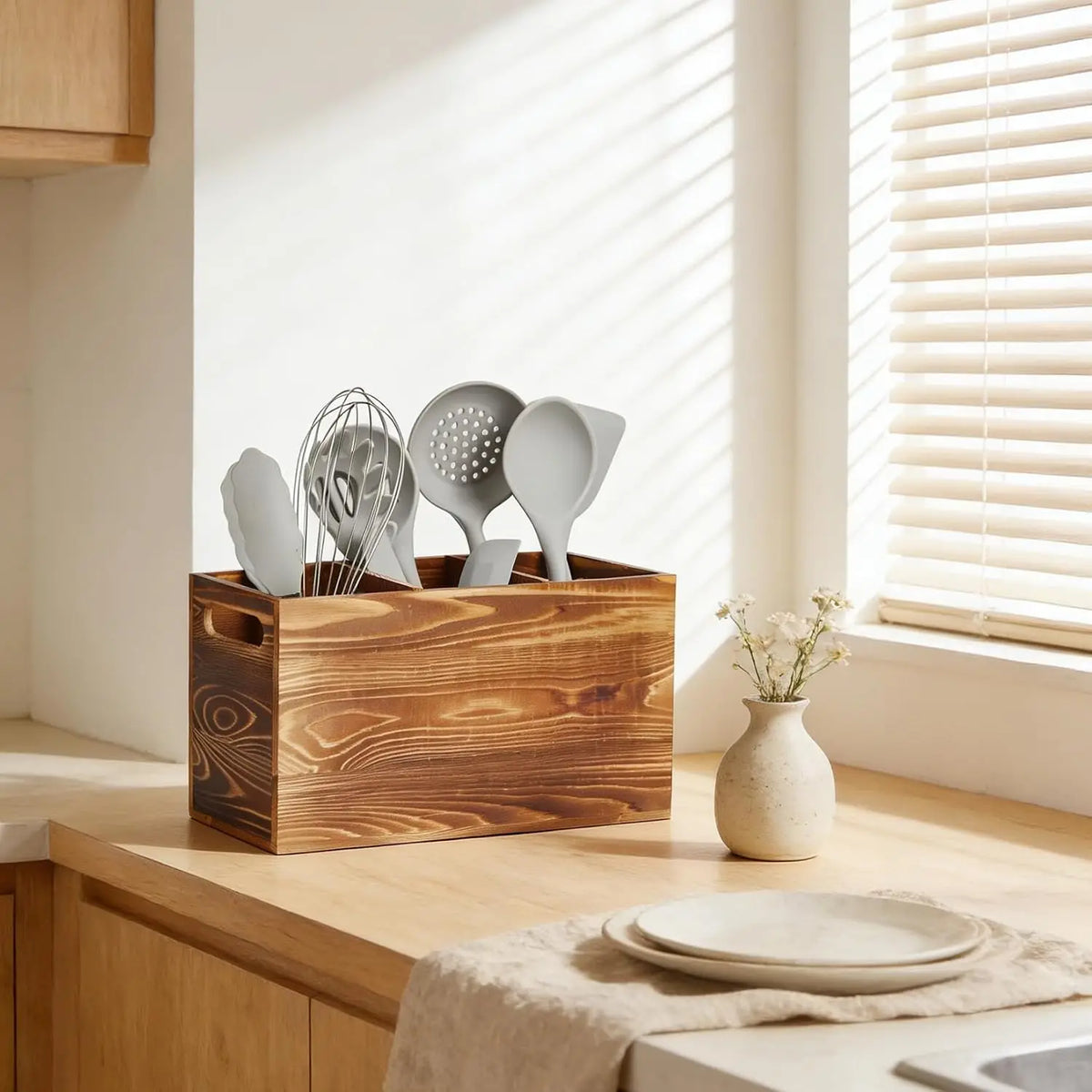 Garvee Rustic Pine Utensil Holder Caddy Three Compartment