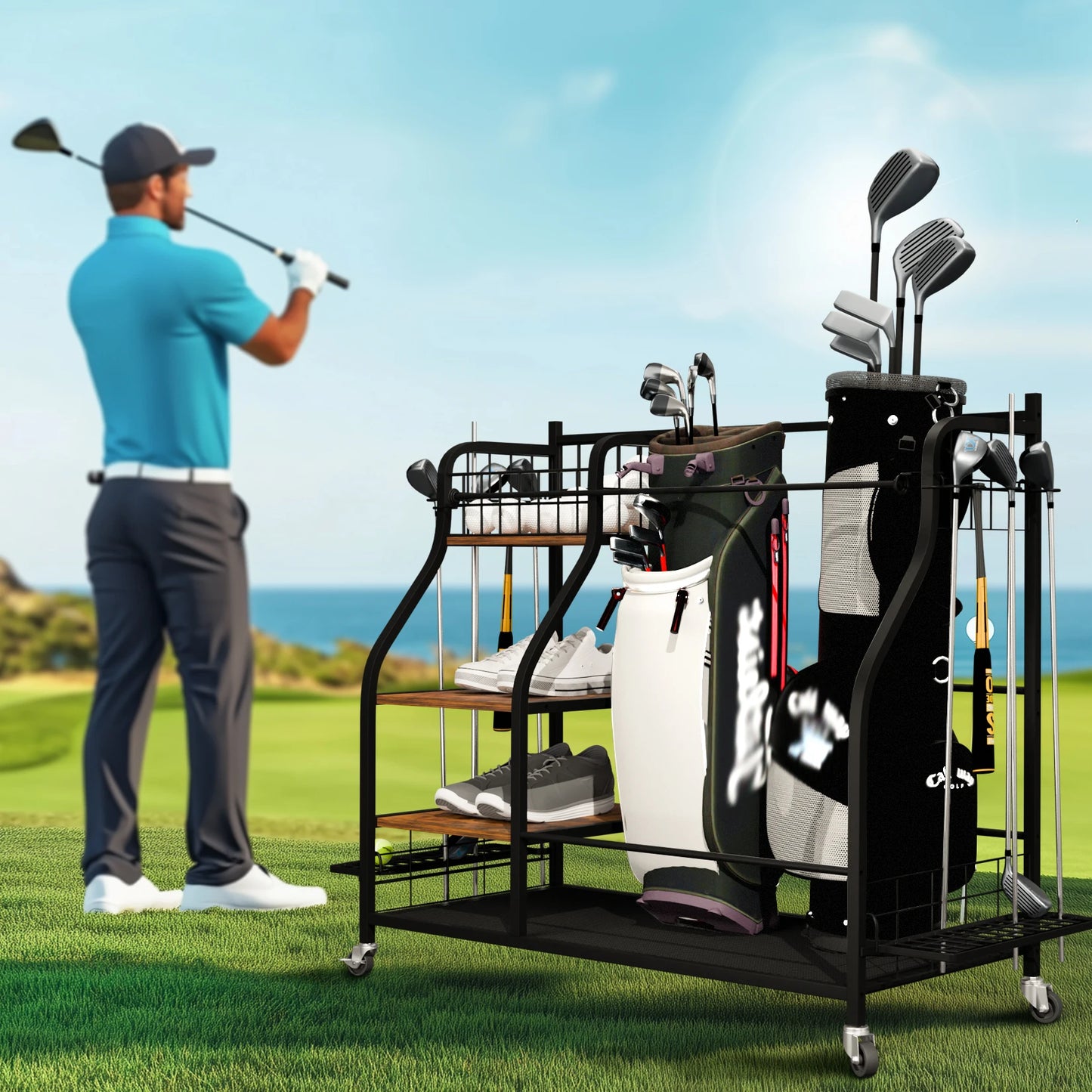 Three Tier Metal Rolling Golf Bag Organizer Rack