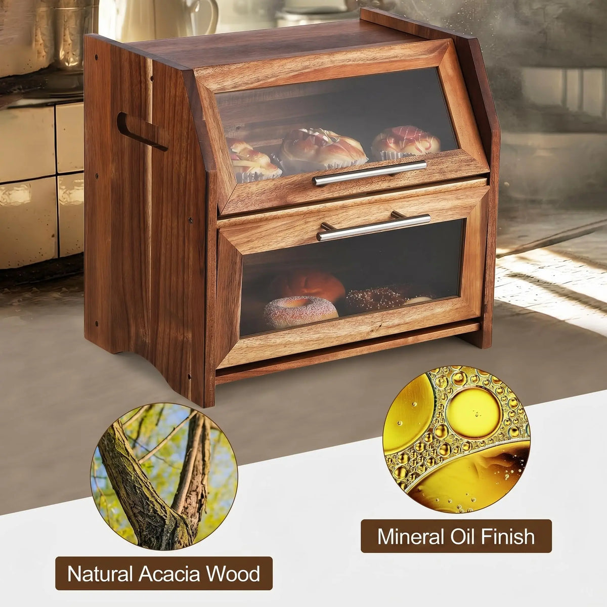 HiMISS Acacia Wood Double Layer Bread Box