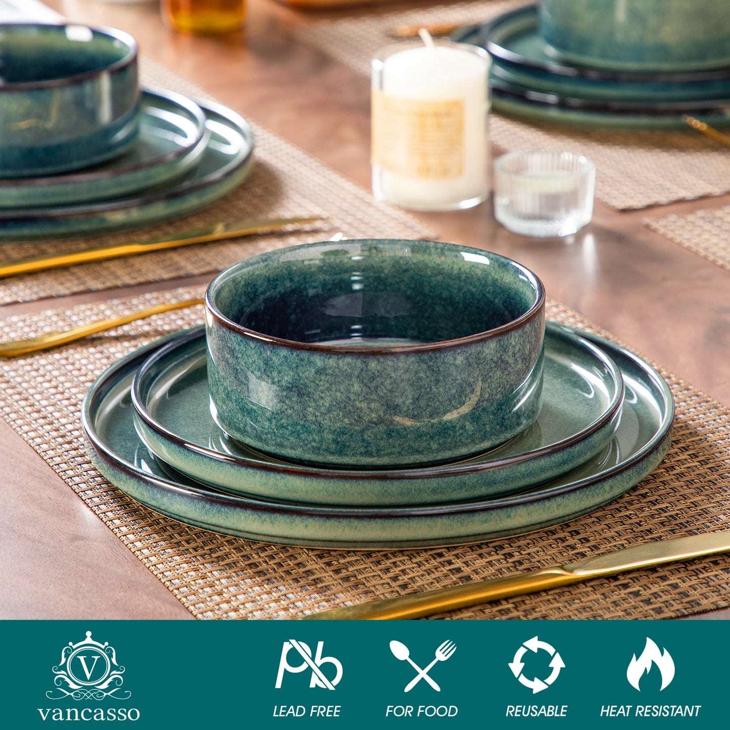 Malcasa Black Green Reactive Glaze Ceramic Dinnerware Set