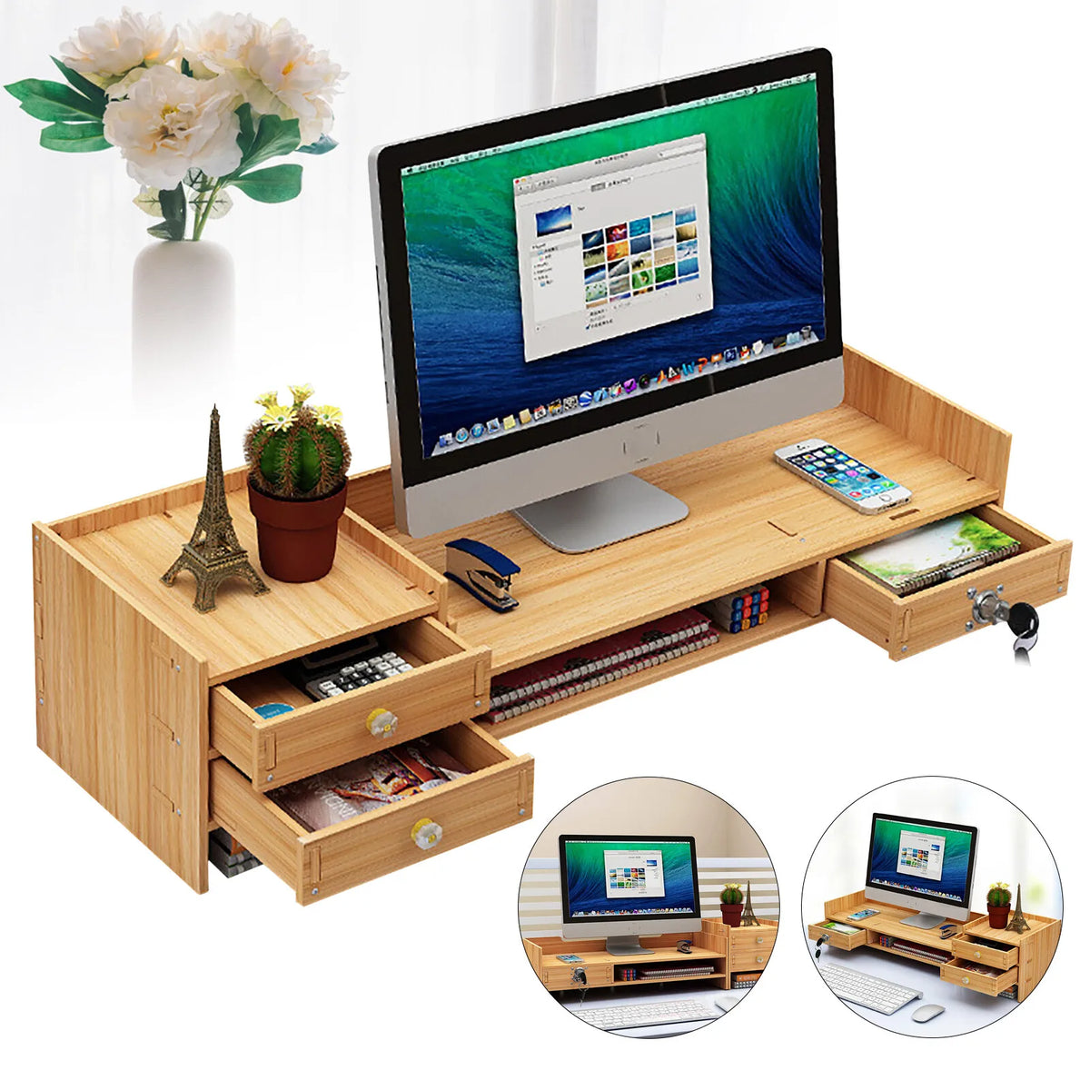 Tabletop Wooden Desk Organizer With Drawers