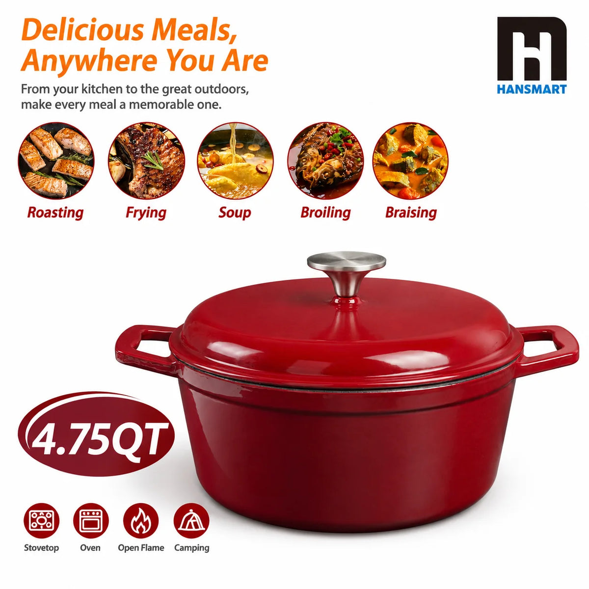 HanSmart 4.75 Qt Enameled Cast Iron Dutch Oven