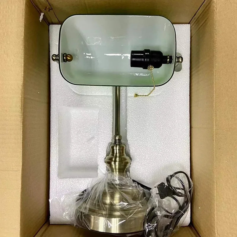 Classic Glass Iron Banker Desk Lamp With Zipper Switch