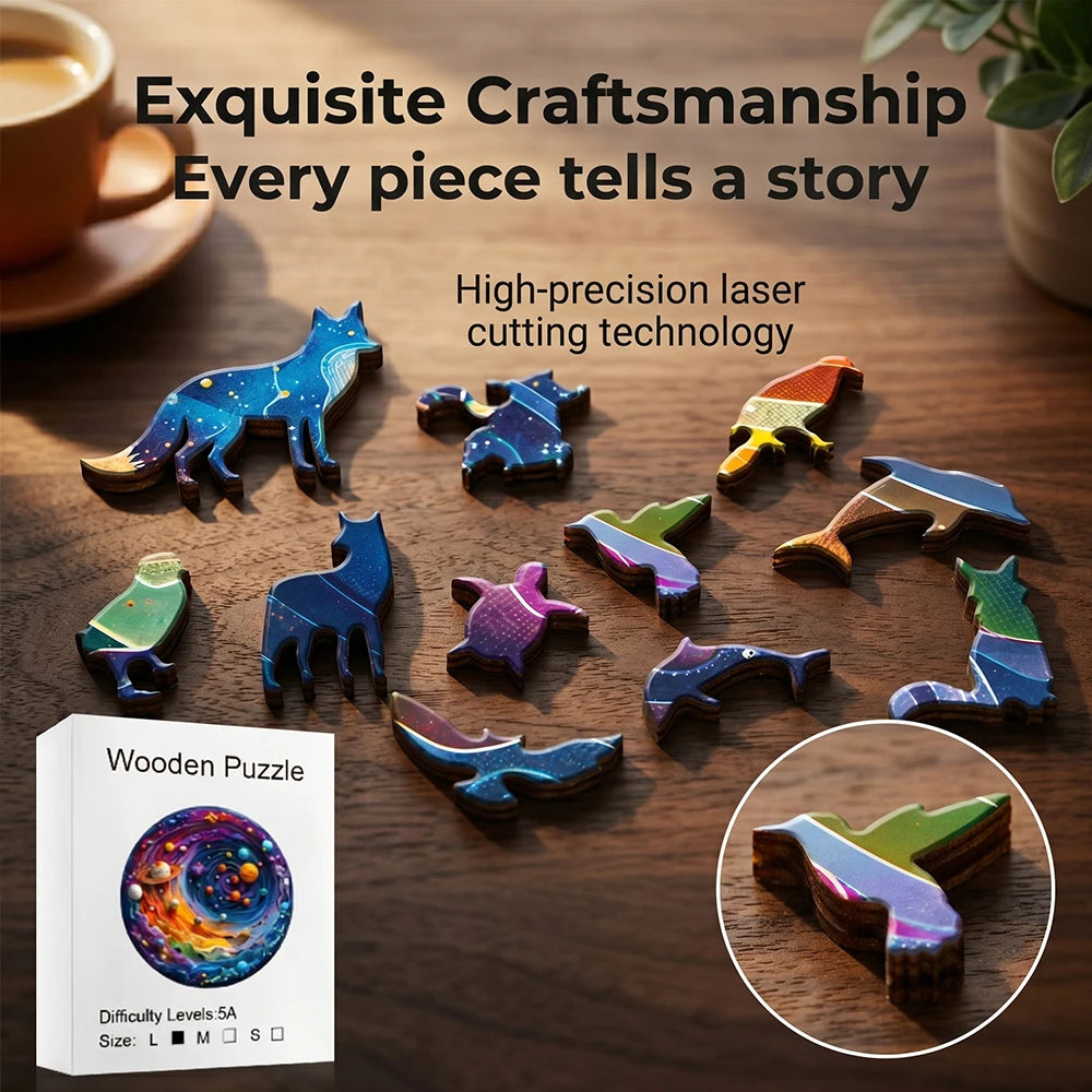 Round Wooden Galaxy Jigsaw Puzzle With Whimsical Animals
