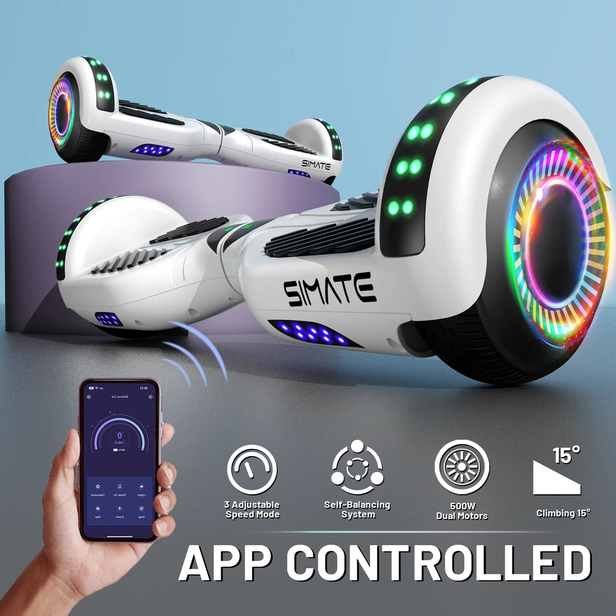 SIMATE Hoverboard With Bluetooth All Terrain LED Lights