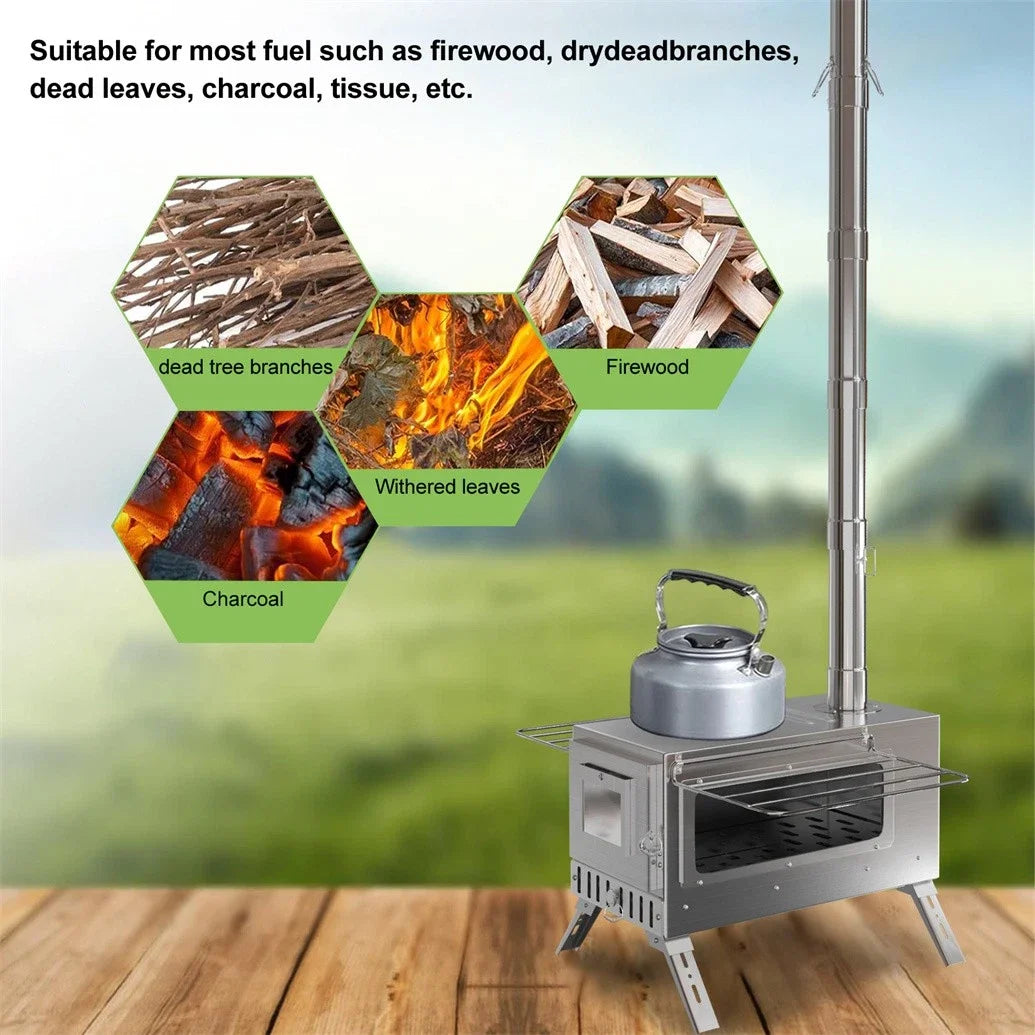 Wood Burning Tent Stove With Six Stainless Chimney Pipes