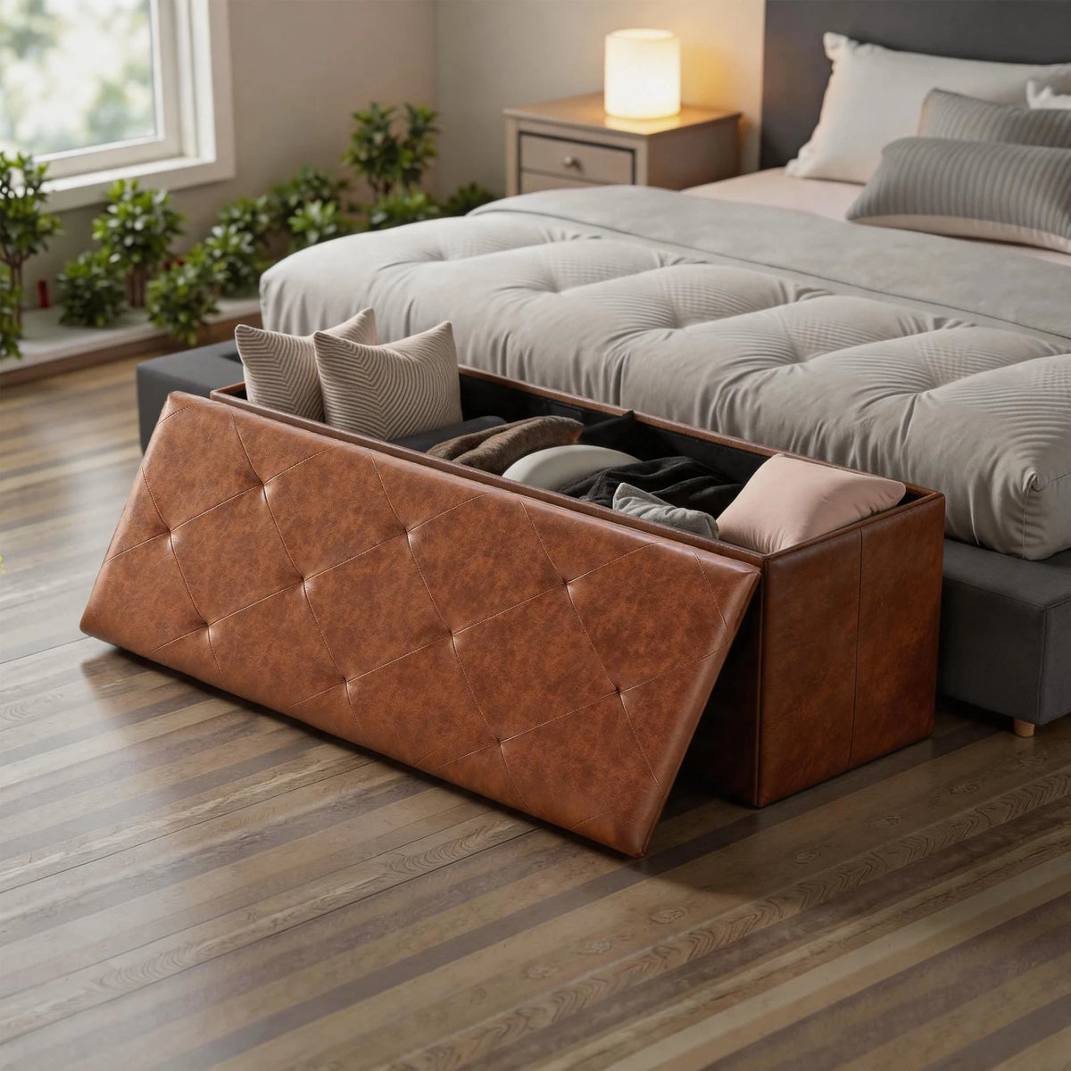 Tufted Faux Leather Folding Storage Bench 400 Pound Capacity